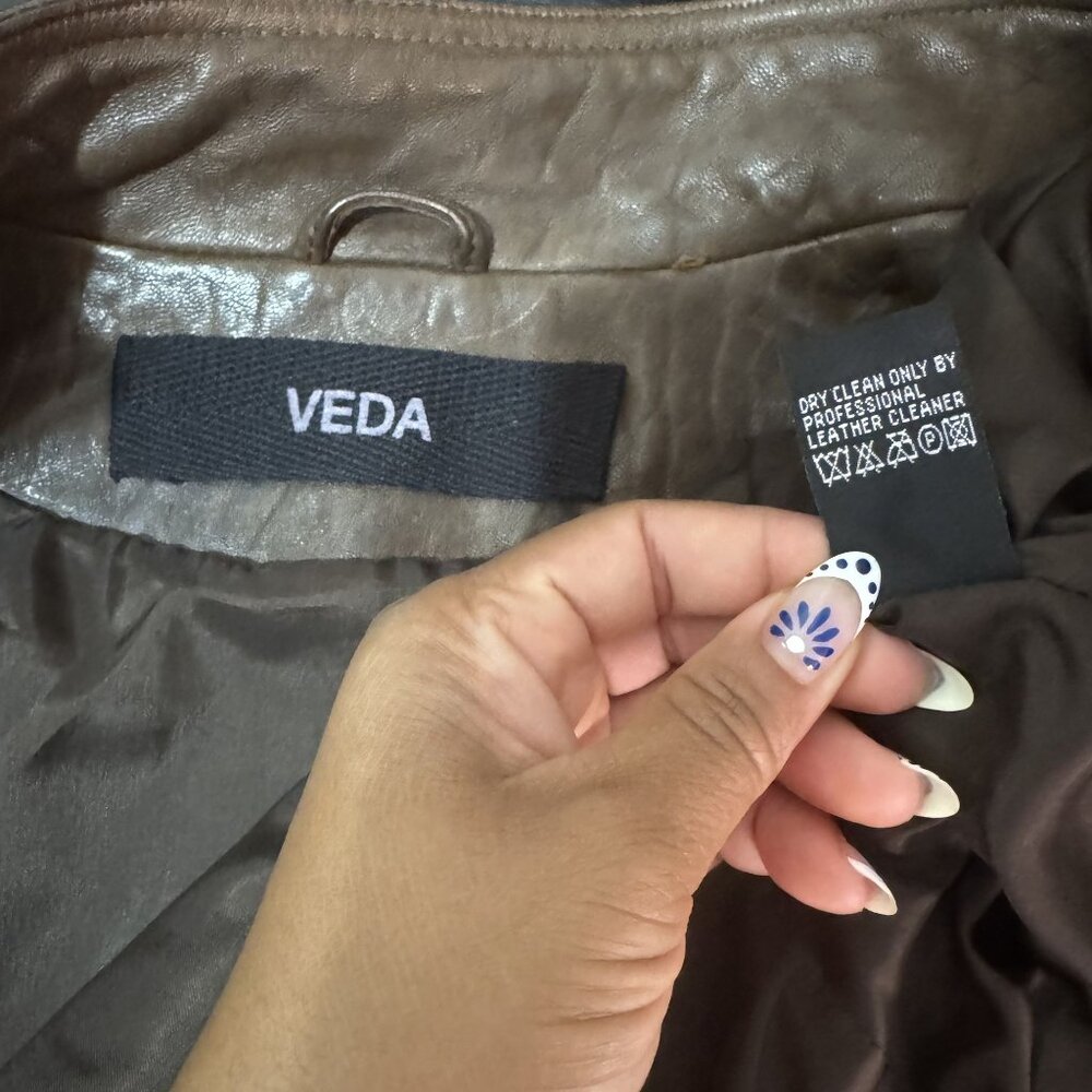 VEDA Brown Leather Moto Jacket Cropped Zip Front Stretch Panel Women’s XS - Picture 9 of 9